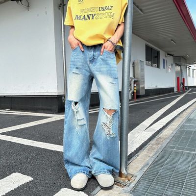 复古高街破洞牛仔裤宽松竹节纹阔