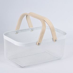 手提置物篮木手柄金属网篮 菜篮果篮收纳筐 瑞沙托铁篮子浴室家用
