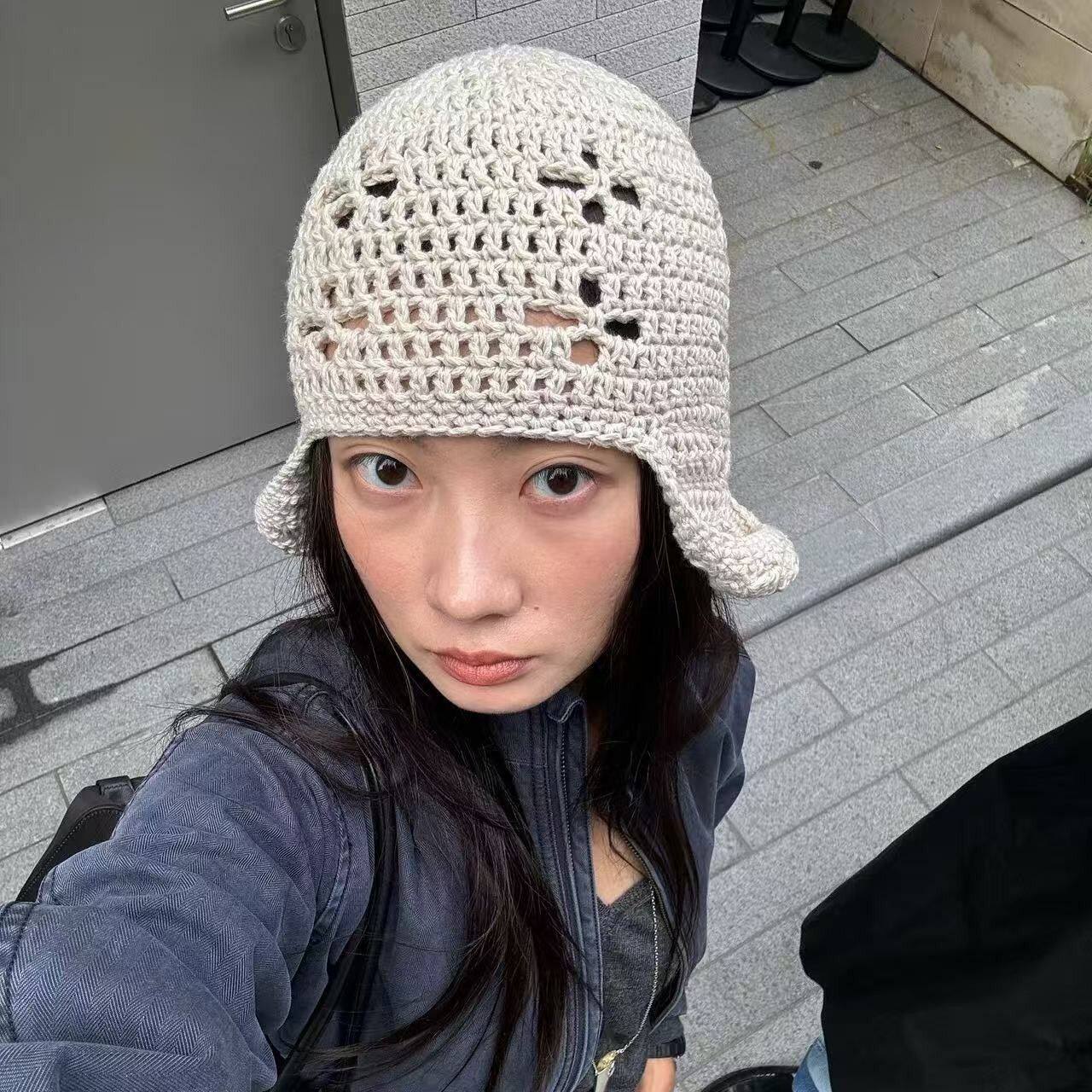 春夏薄款棉线镂空纯色护卷边飞行针织毛线帽透气包头ins博主同款