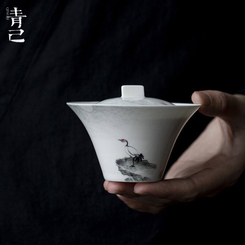 青己 水墨手绘仙鹤盖碗 功夫茶具陶瓷家用泡茶碗文人薄胎手作盖碗