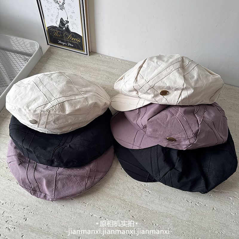 日系简约素色春秋八角贝雷帽女时髦拼接轻薄报童帽文艺洋气云朵帽