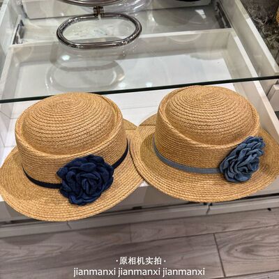 春日出游遮阳草帽女春夏季山茶花绑带甜美简约百搭平顶草编礼帽潮