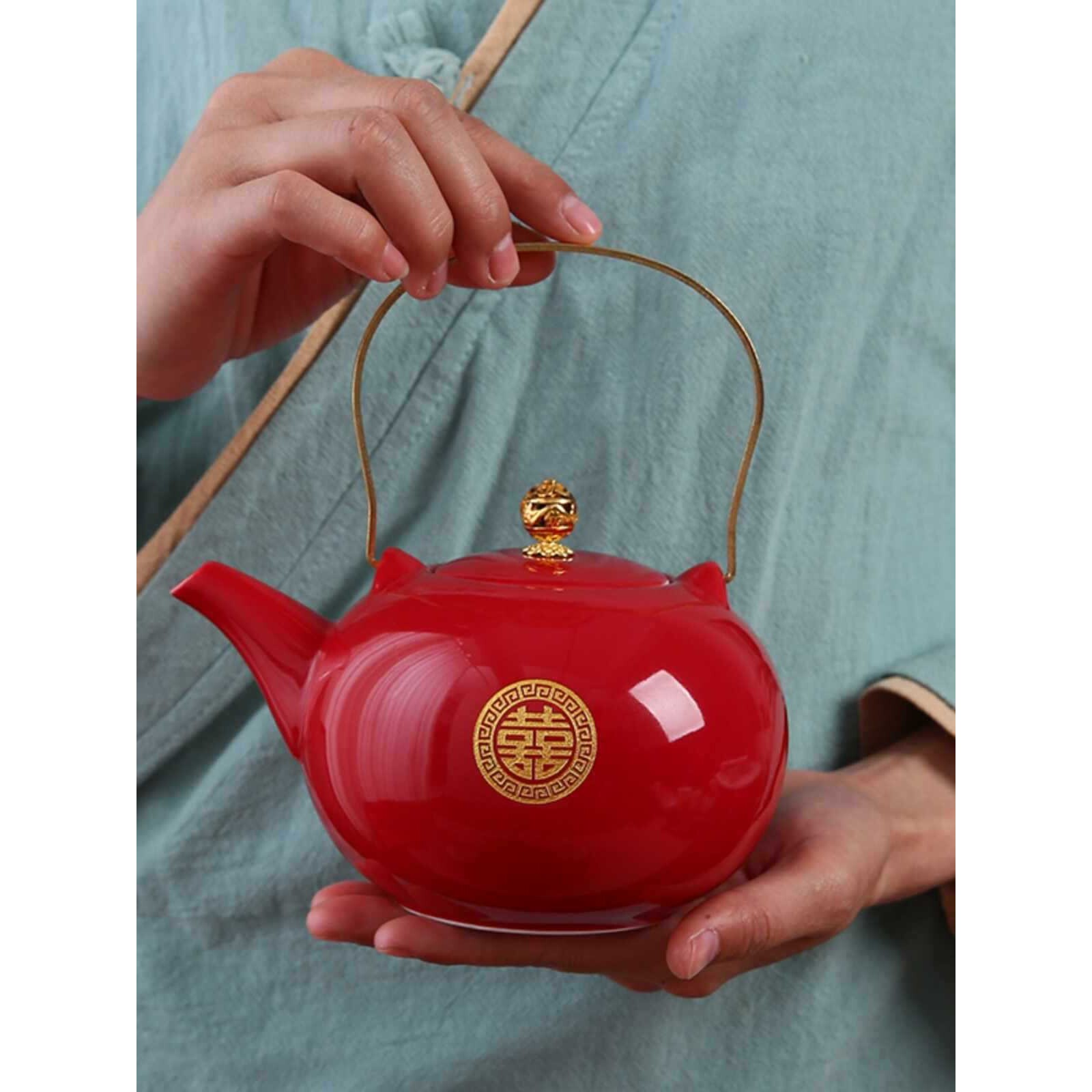 ◇中式订婚红色新娘改口敬茶杯提梁茶壶结婚庆功夫茶具套装托盘礼