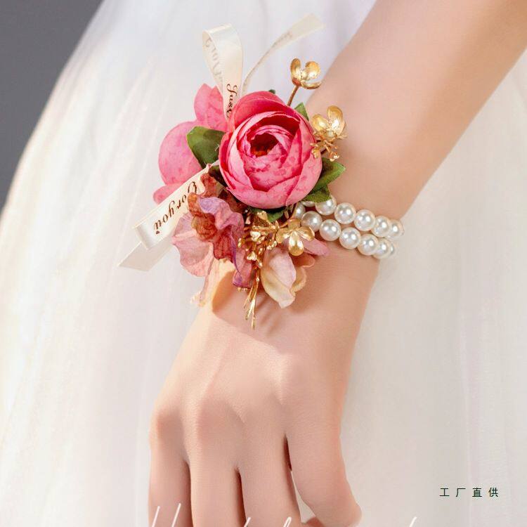 森系小清新手腕花伴娘新娘新郎伴郎结婚胸花襟花玫红韩式仿真手花