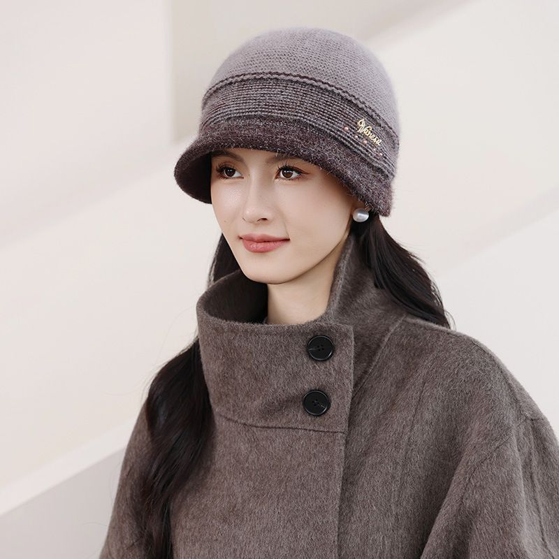 新款秋冬季女士针织毛线帽时尚百搭兔毛保暖盆帽洋气显脸小妈妈帽