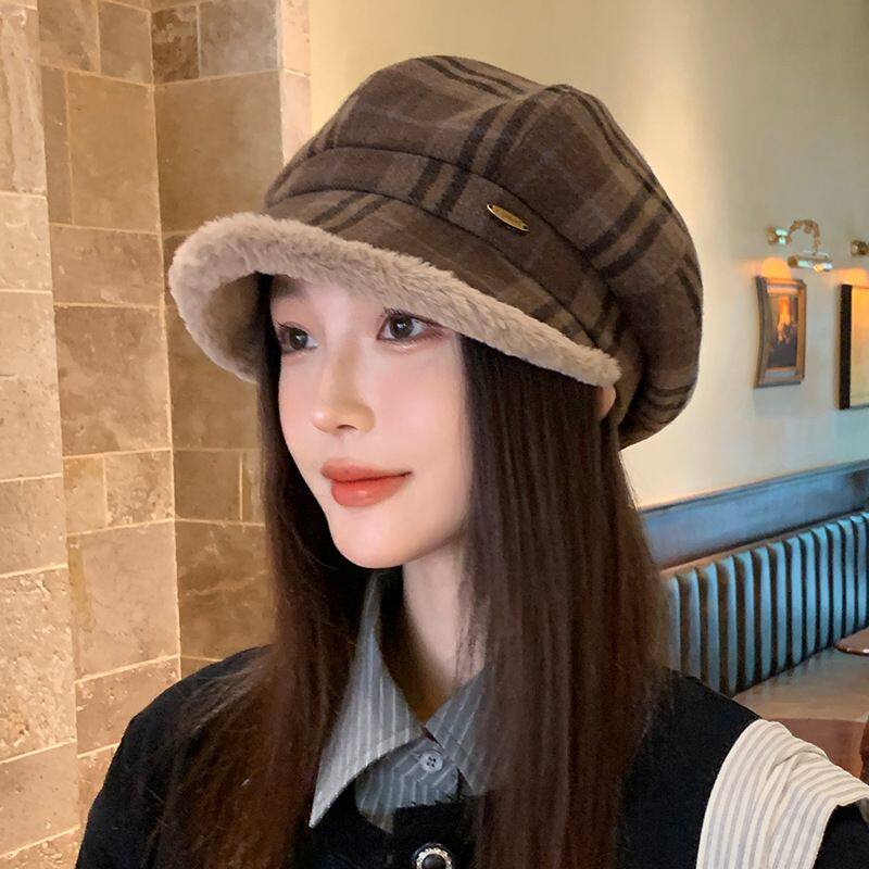 甜美百搭格纹毛边贝雷帽女秋冬休闲加绒加厚八角帽防寒保暖画家帽