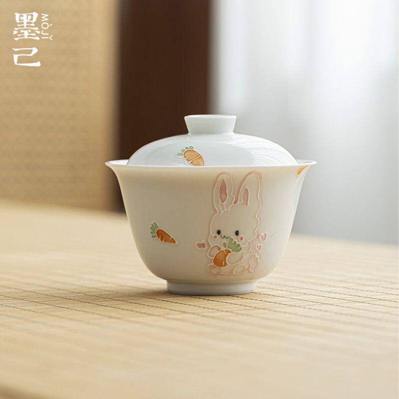 墨己玉泥薄胎手绘萌兔盖碗家用功夫茶具白瓷泡茶碗可爱风兔子茶碗
