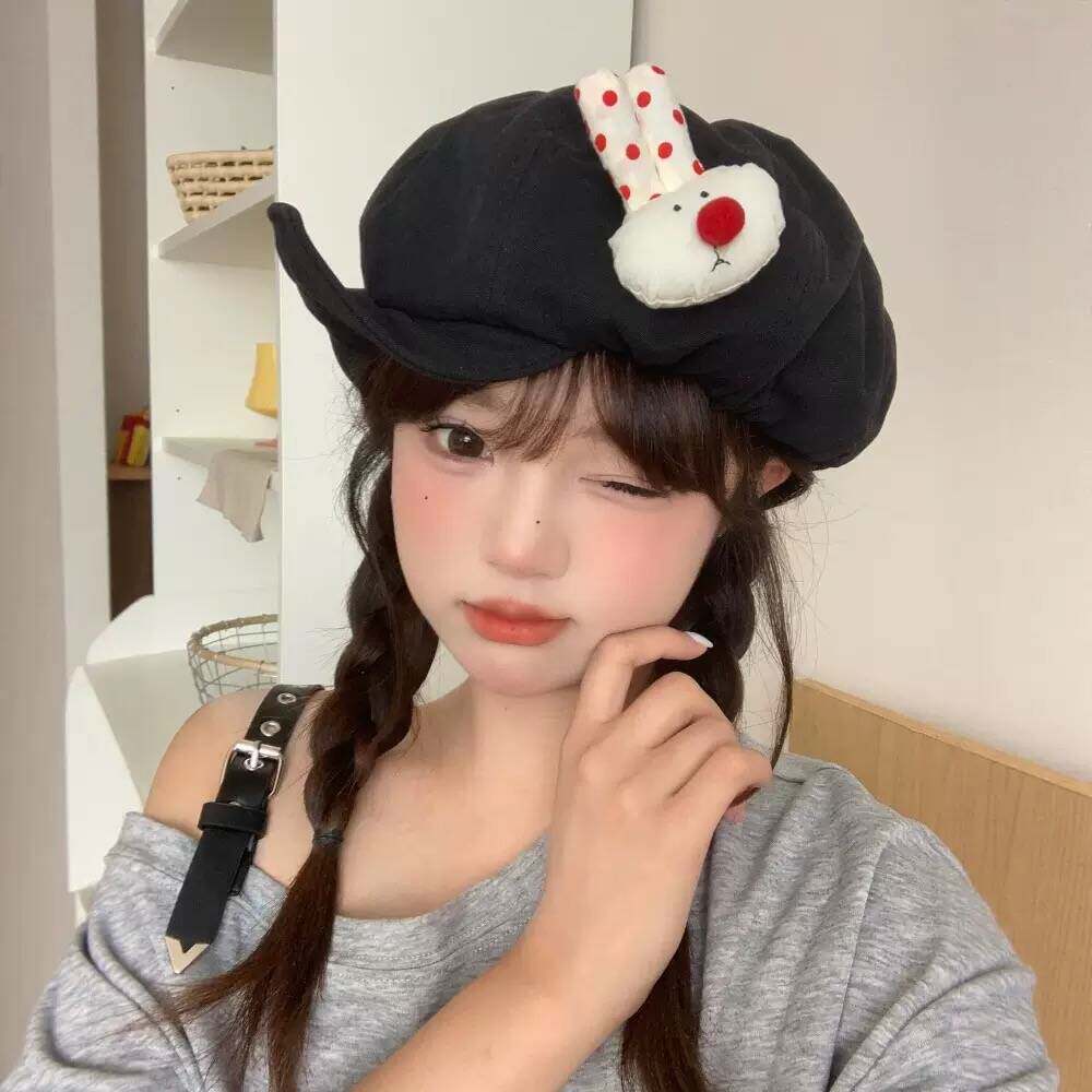 日系可爱红色波点小兔子云朵画家帽女大头围百搭八角贝雷帽显脸小