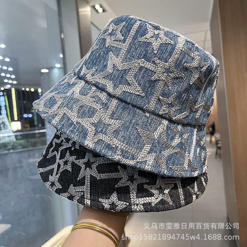 时尚夏季星星平顶盆帽女韩版水洗牛仔布薄款宽檐遮阳防晒渔夫帽