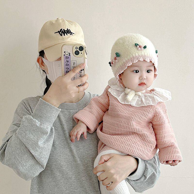 2025新款婴儿帽秋冬保暖针织羊毛帽可爱小花女婴护耳套头帽