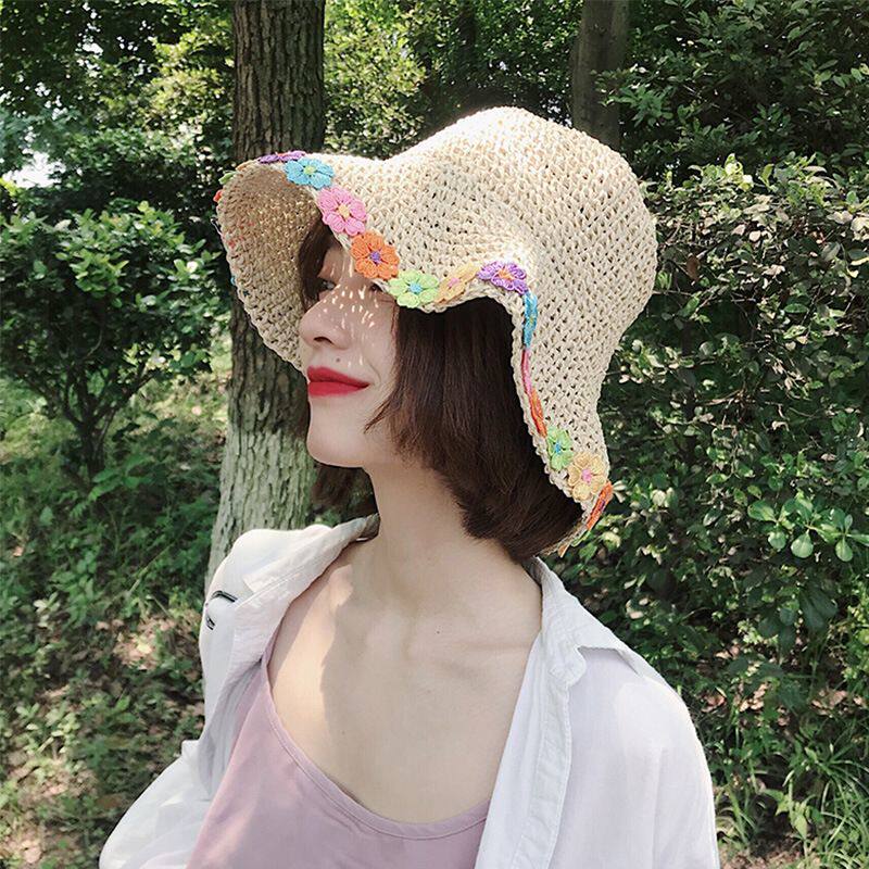 草帽女夏季日系泫雅风可爱彩色小花文艺大檐遮阳盆帽编织太阳帽女