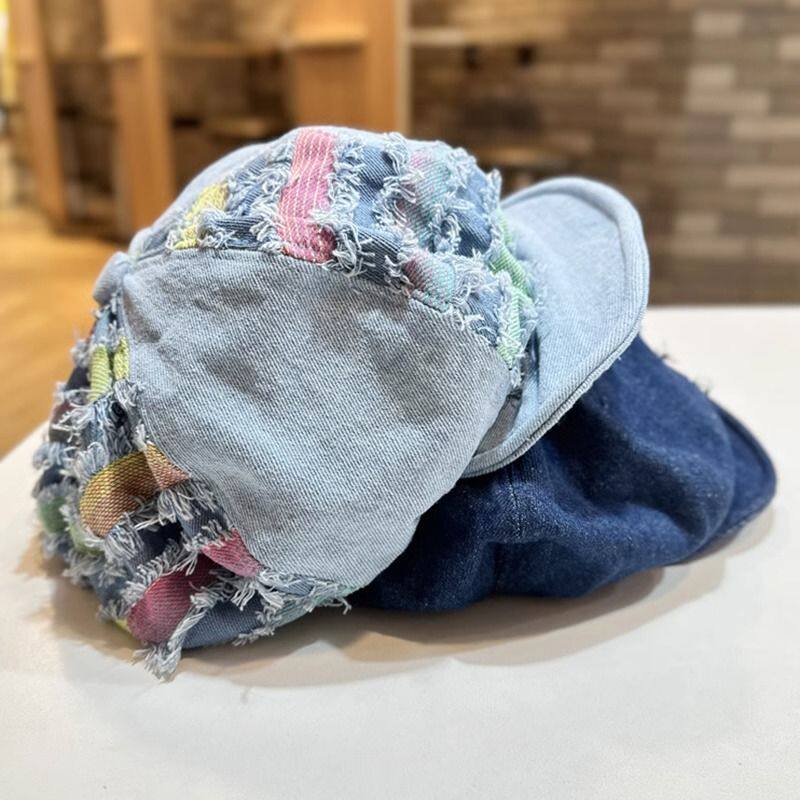 毛边做旧水洗贝雷帽女彩色牛仔日系画家帽显脸小破洞云朵八角帽潮