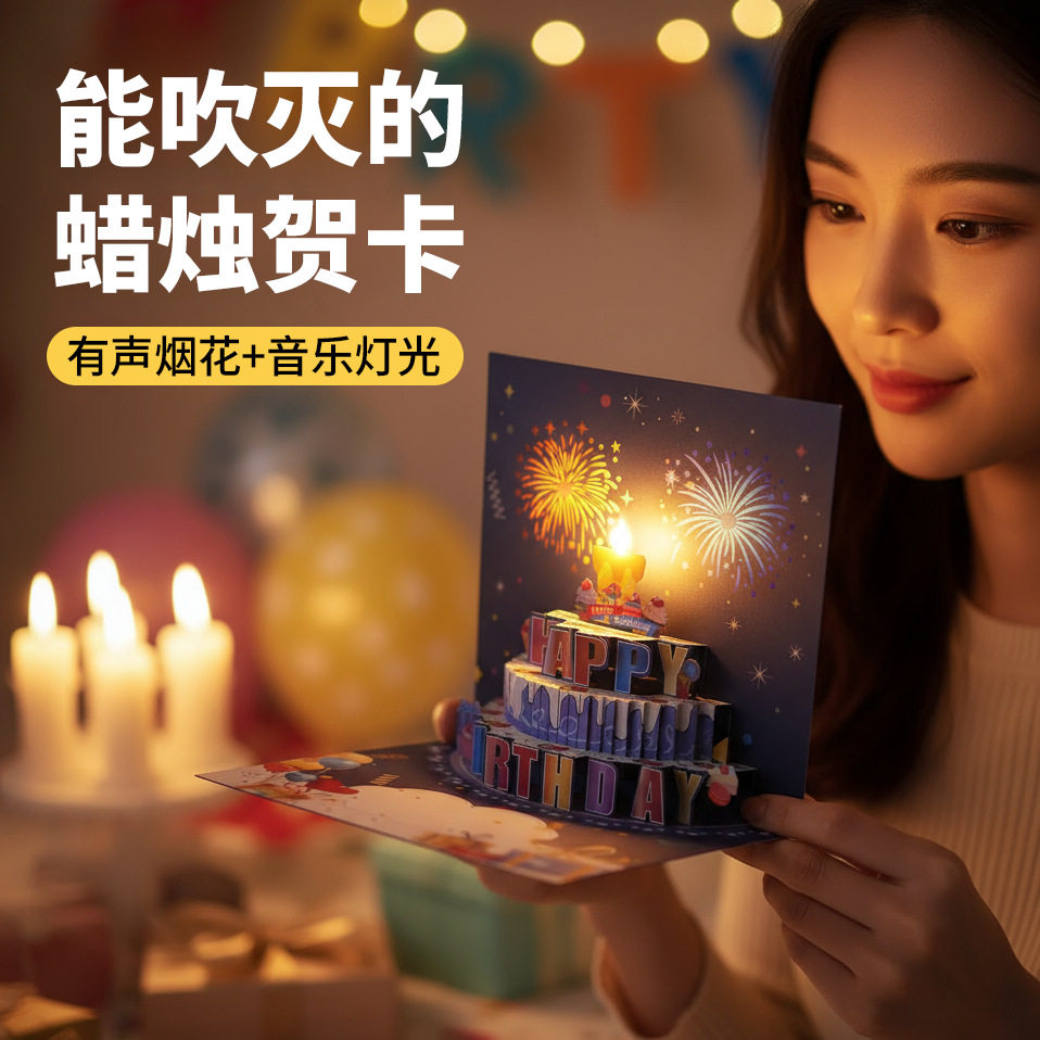 生日快乐贺卡吹蜡烛3D礼花立体蛋糕小卡片发光有声创意感祝福