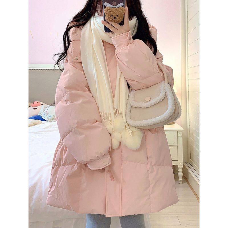 大码粉色减龄羽绒棉服女中长款2025年冬季小个子连帽加厚保暖外套