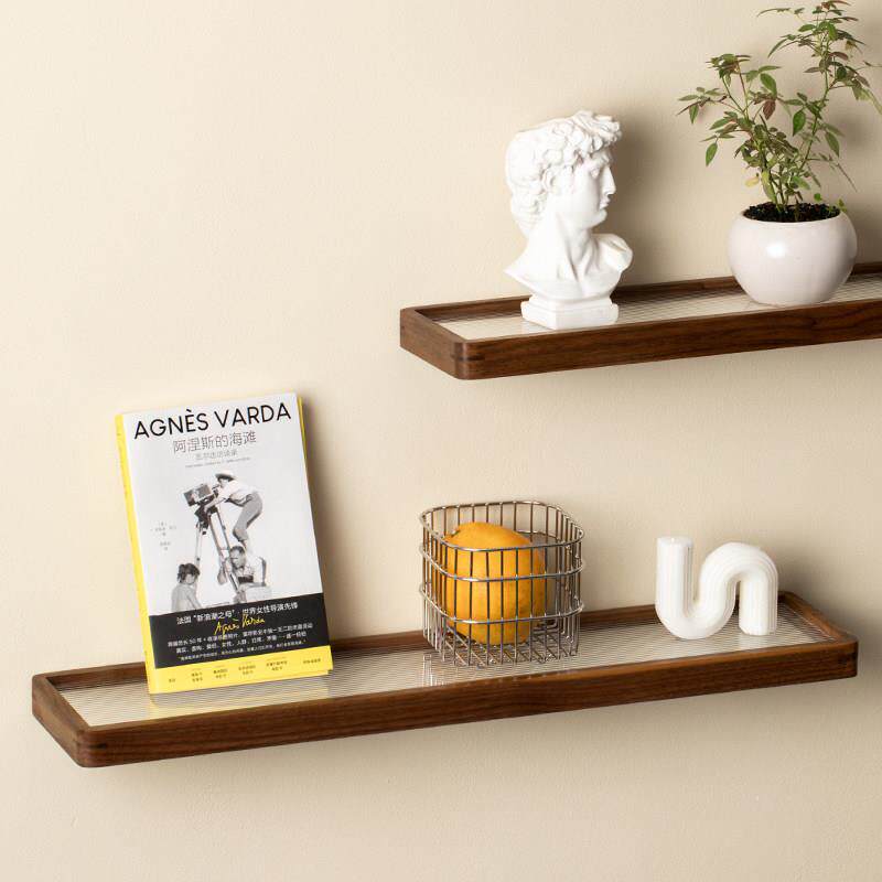 素风墙上置物架黑胡桃实木一字板挂墙置物板墙面装饰隔板收纳层架