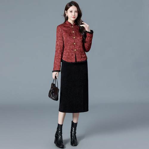 新中式提花唐装棉衣貂绒连衣裙套裙时尚套装国风棉袄裙子两件套