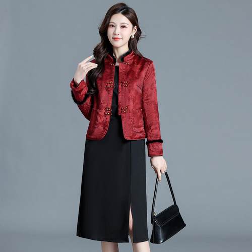 新中式提花唐装棉衣貂绒连衣裙套裙时尚套装国风棉袄裙子两件套