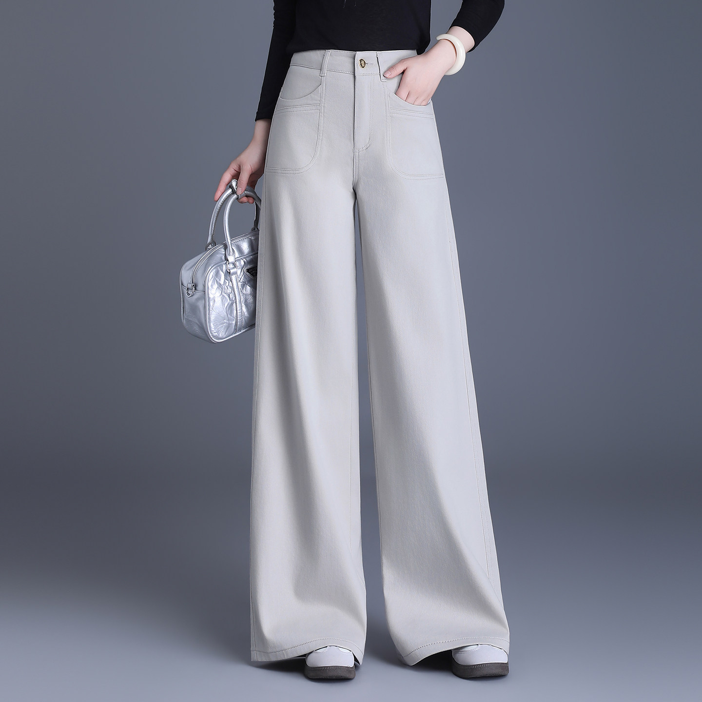米色窄版阔腿牛仔裤女2026春秋新款高腰显瘦垂感宽松休闲直筒裤子
