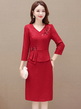 春装假两件套包臀拼接红色连衣裙女中长款高档次喜庆婚礼服妈妈装