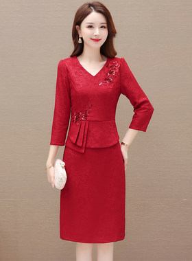 春装假两件套包臀拼接红色连衣裙女中长款高档次喜庆婚礼服妈妈装
