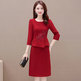 裙子2026高端妈妈礼服假两件连衣裙 婆婆婚宴气质时尚 红色时尚 新款