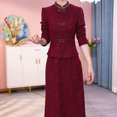 改良旗袍连衣裙2026新款女春秋冬加厚高端喜婆婆婚宴妈礼服配大衣