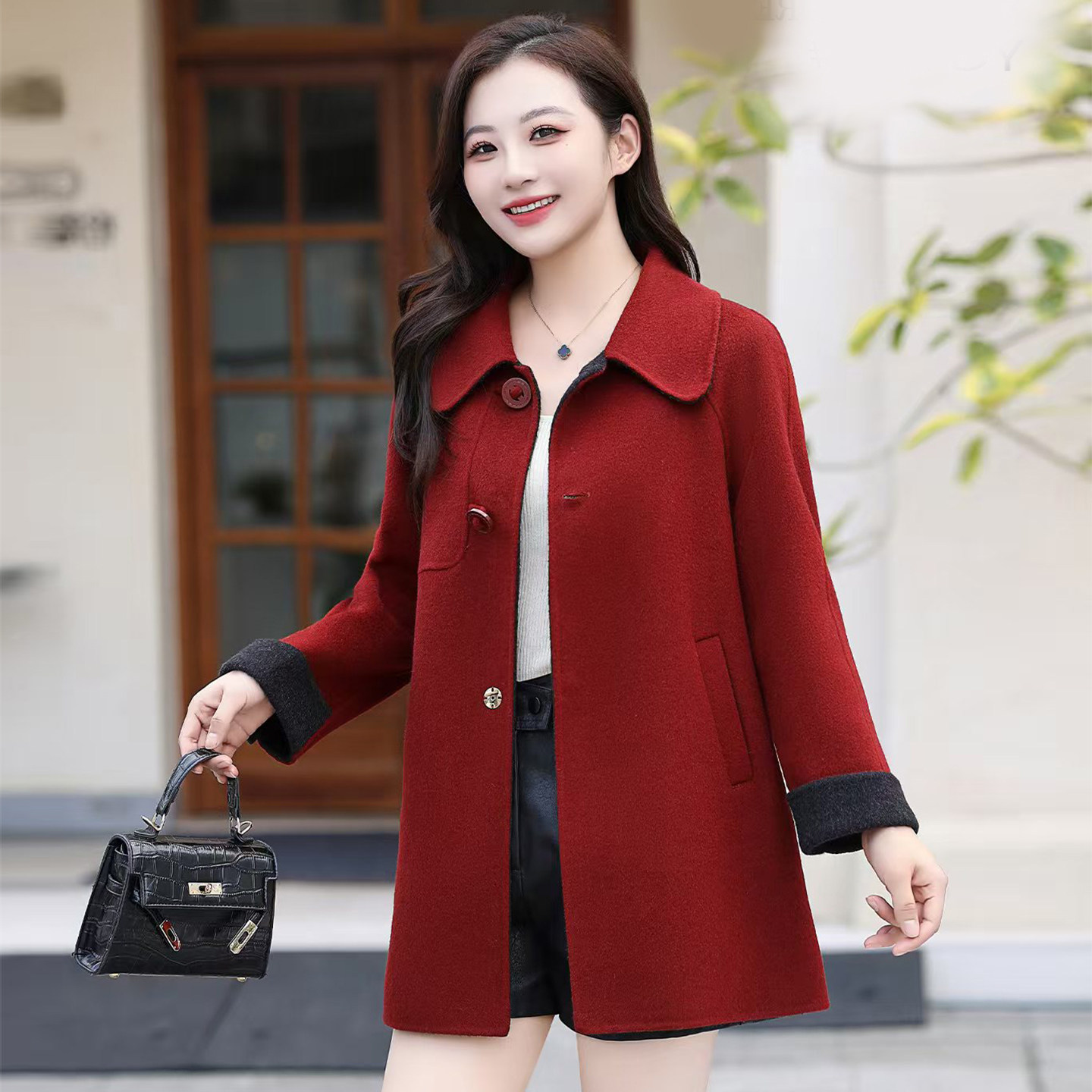 毛呢外套女2026春季新款时尚韩版气质修身显瘦百搭中长款呢子大衣