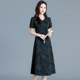 妈妈夏装娃娃领连衣裙洋气中年人短袖碎花宽松长裙子2026年新韩版