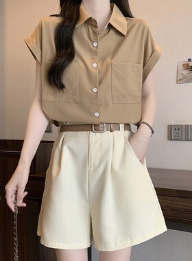 微胖mm显瘦减龄套装女夏装新款大尺码时尚高级感衬衫阔腿短裤两件