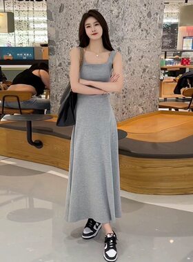 春夏季方领吊带背心连衣裙大码宽松胖mm外穿内搭打底无袖过膝长裙