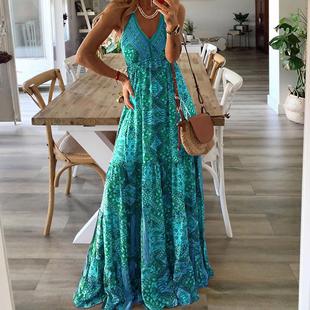 boho 休闲度假波西米亚印花V领吊带长裙 print maxi dress neck