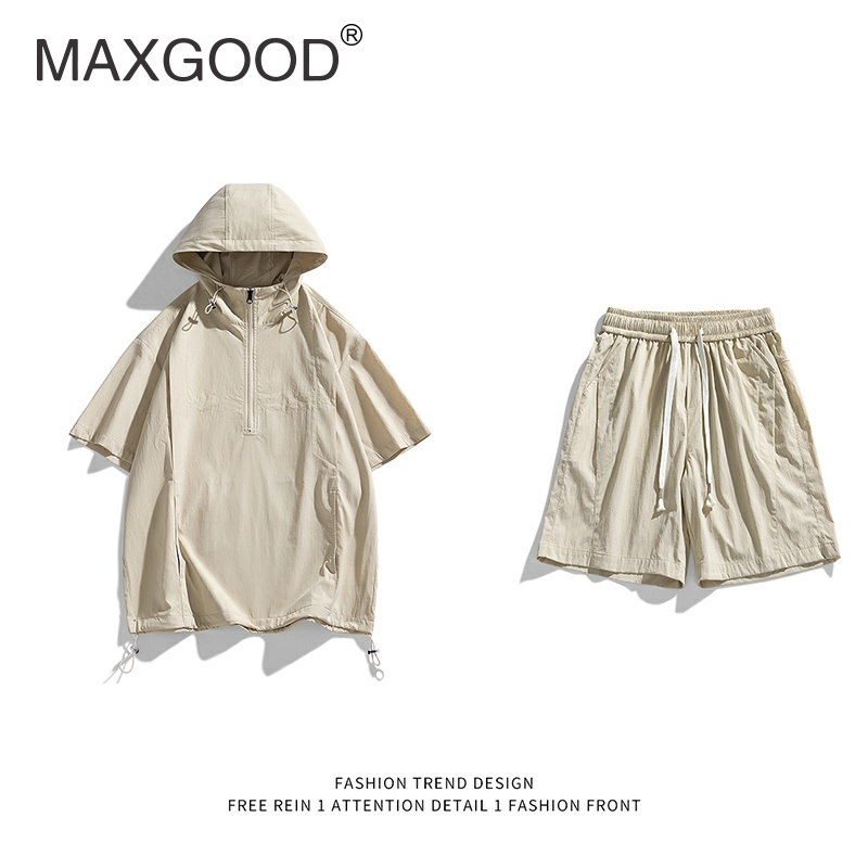MAXGOOD夏季工装连帽套装短袖短裤运动两件套2024新款薄款宽松潮
