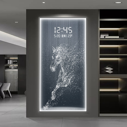 入户进门玄关装饰画骏马电子钟表带灯壁画轻奢高级感走廊时钟挂画