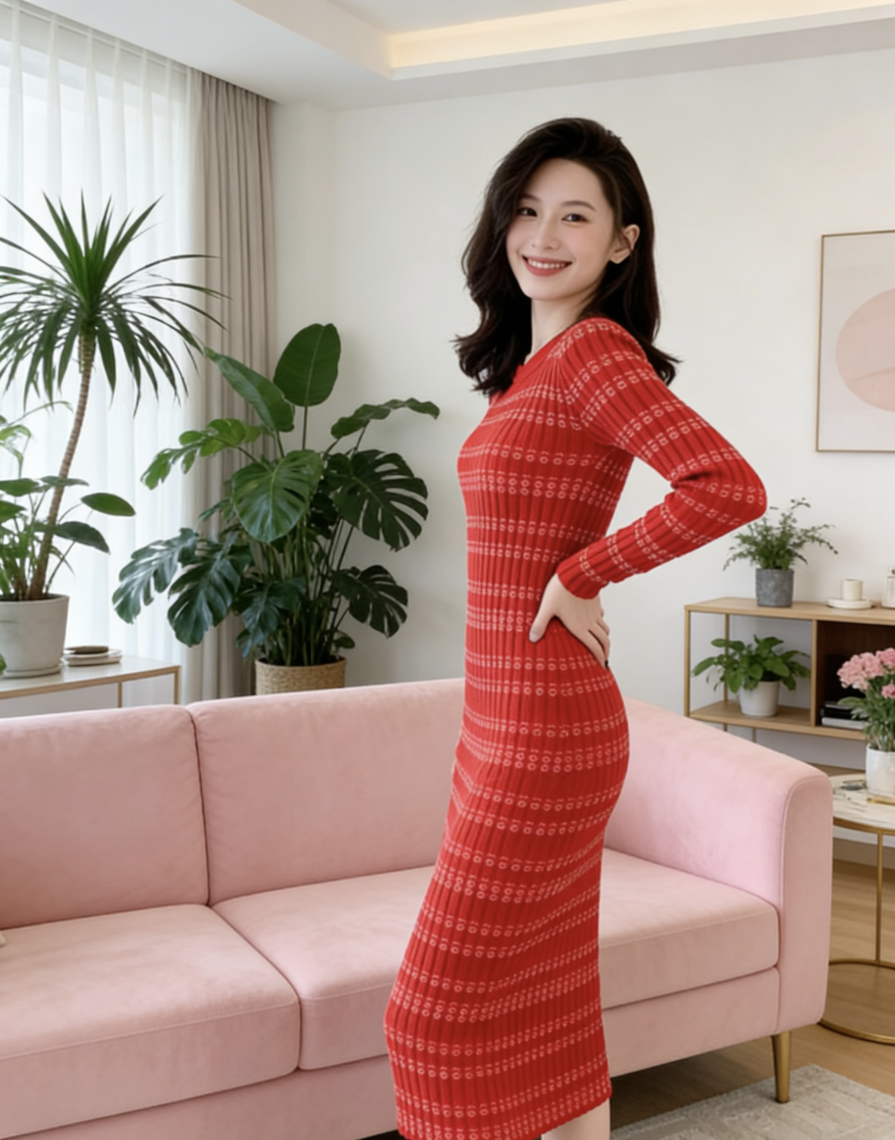 韩国圣诞红色条纹针织毛衣连衣裙女秋冬OL内搭打底中长款过膝长裙