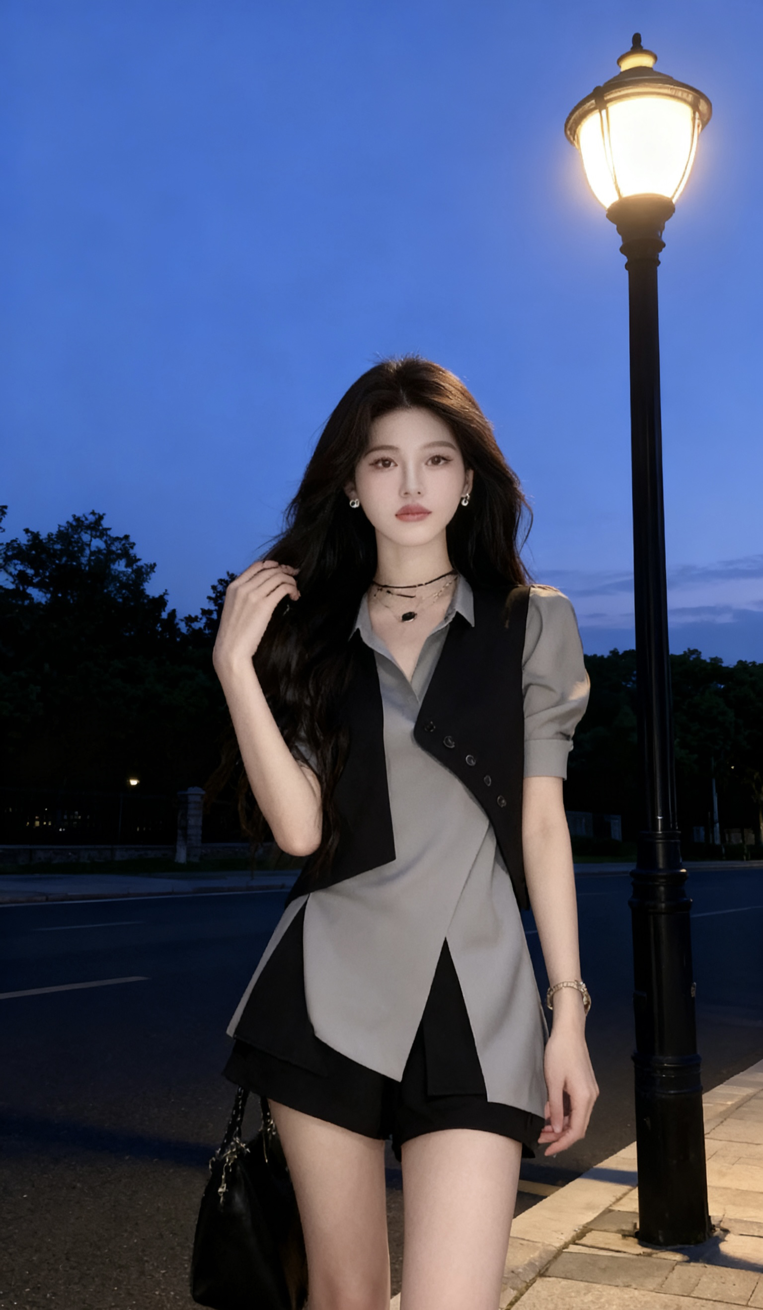 2025春装一整套设计感开叉长袖衬衫高腰黑色马甲短裤休闲两件套女