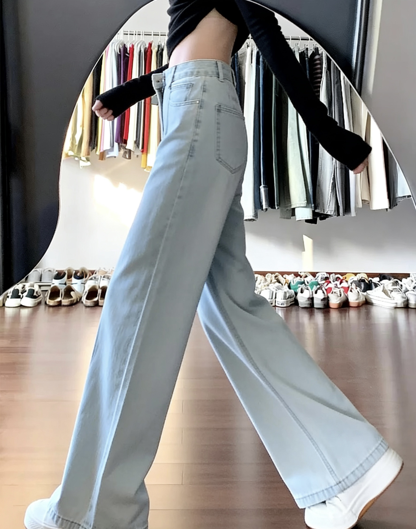 美式浅蓝色直筒牛仔裤女秋冬新款高腰显瘦宽松阔腿休闲拖地长裤子,女装/女士精品,牛仔裤,淘宝优惠券,粉丝福利购,淘宝优惠卷
