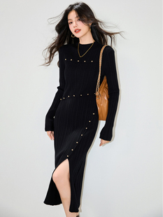 设计感长裙女打底内搭 2025新款 气质黑色针织连衣裙子女装 春秋冬季