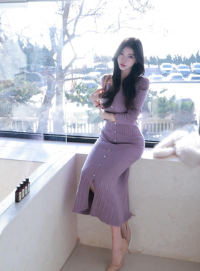 2026年春秋Fart Shop丁香情愫羊毛V领针织鱼尾连衣裙秋冬包臀裙