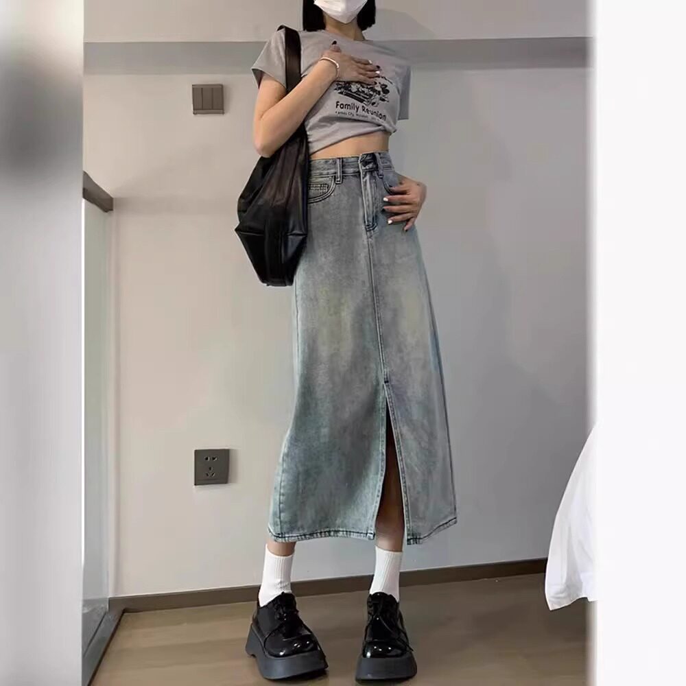 开叉牛仔半身裙女夏季2025新款小个子a字中长款浅色高腰裙子秋