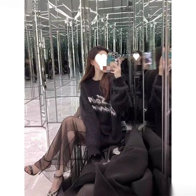 冬新款签名字母宽松软糯马海毛黑色针织衫慵懒风毛衣上衣男女包邮