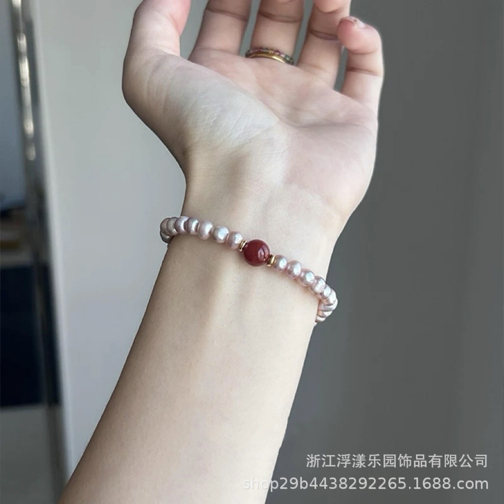 日本品质简约手工天然南红玛 瑙珍珠串珠手链女款新中式弹力手串