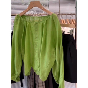 韩系宽松休闲百搭气质显白牛油果绿色衬衫 女春夏简约圆领防晒小衫