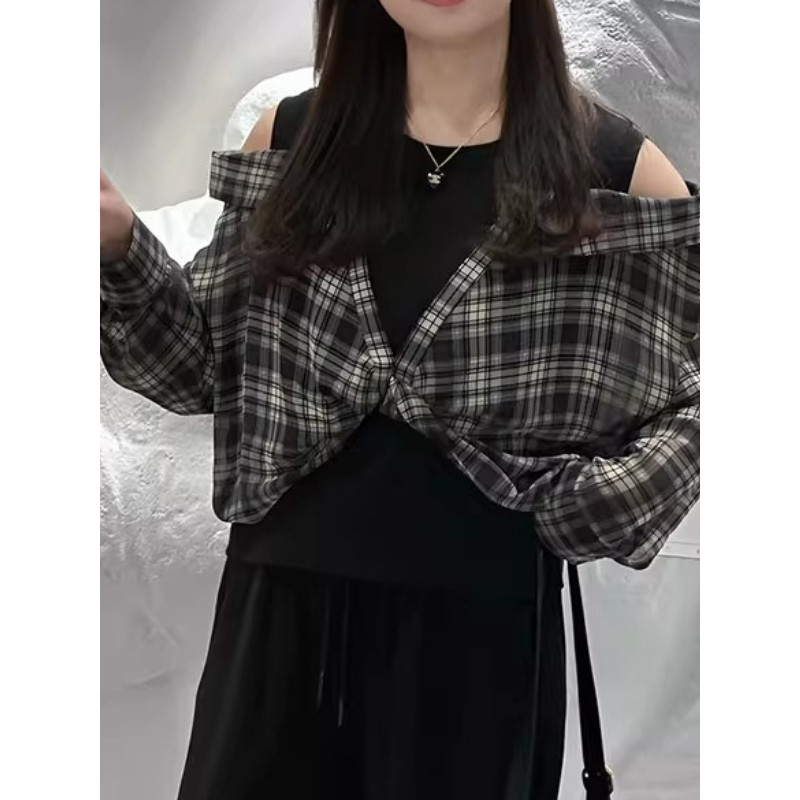 大码设计感假两件露肩格子衬衫女T恤