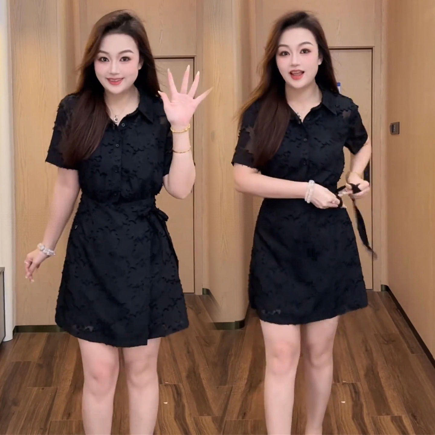 黑色假两件衬衫连衣裙女2026夏季短袖翻领显瘦设计感穿搭减龄裙子