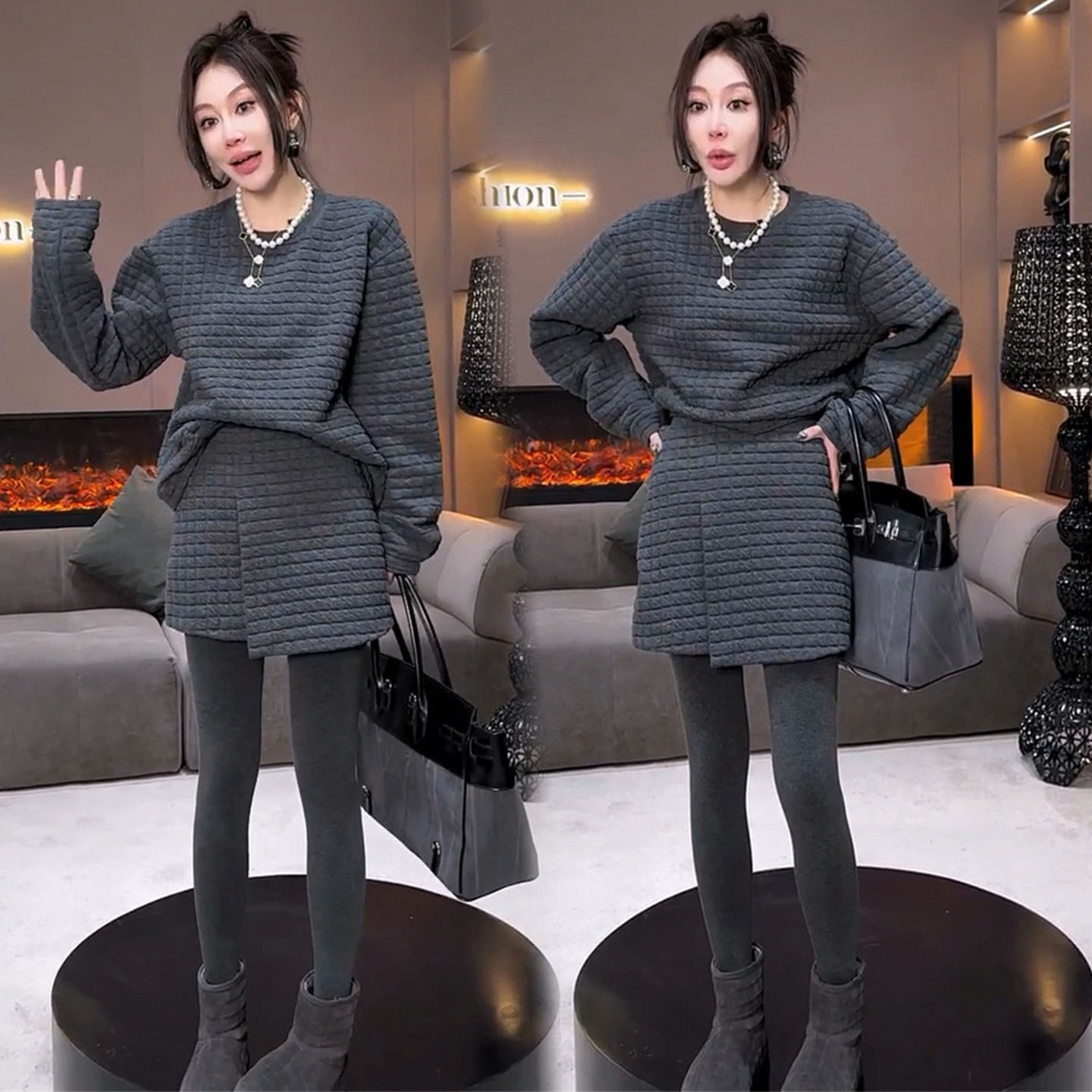 欧货格子时尚套装女2055冬季洋气休闲韩版高级感卫衣半身裙两件套