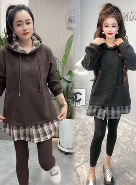 秋冬连帽假两件显瘦格子卫衣裙女