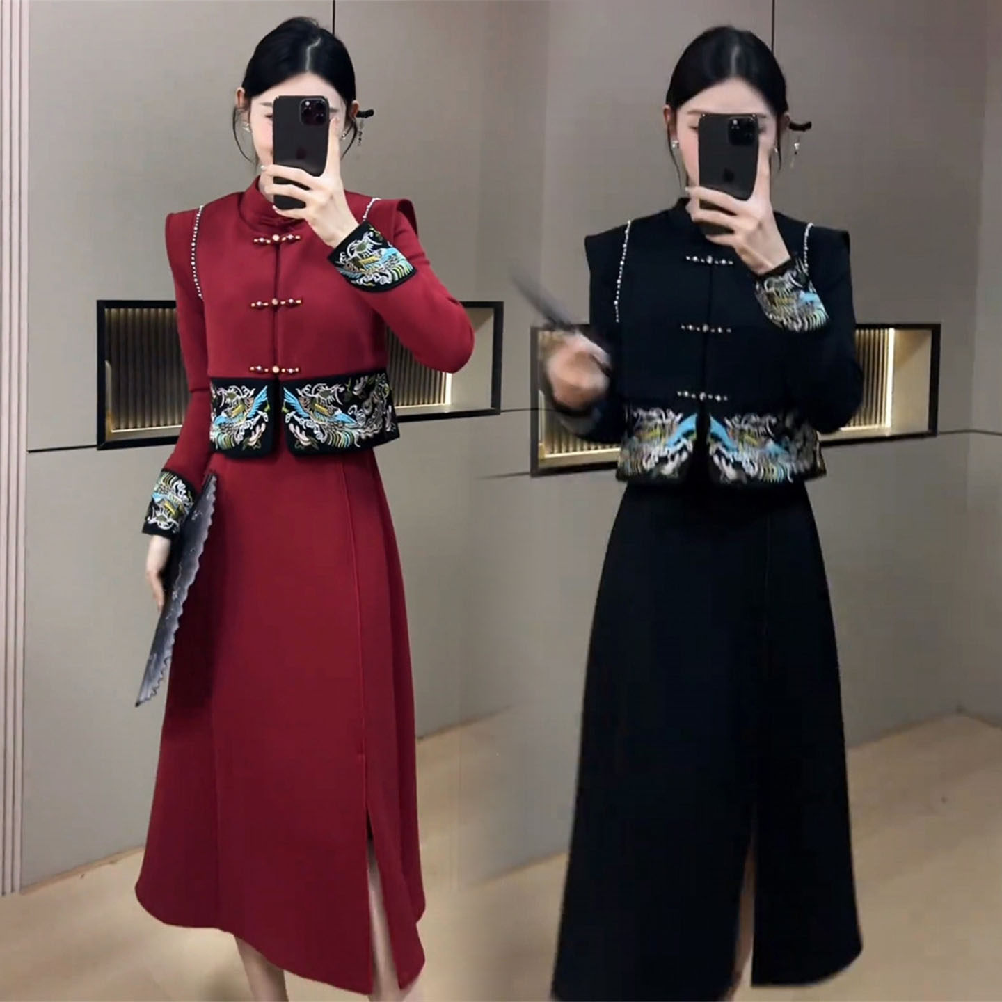 新中式刺绣时尚套装女2025冬新款气质国风盘扣马甲旗袍长裙两件套,女装/女士精品,时尚套装,淘宝优惠券,粉丝福利购,淘宝优惠卷