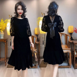 欧货金丝绒连衣裙女2025早秋洋气美背蝴蝶结减龄显瘦七分袖中长裙