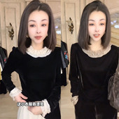 丝绒拼接蕾丝花边高档优雅上衣打底衫 欧货法式 气质T恤女2026春季