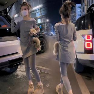 欧货纯欲辣妹一字肩假两件t恤女2025春季 上衣 设计感不规则中长款